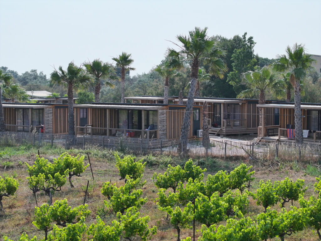 Camping Paradis Soleil d'Oc - Vue aérienne zone premium avec vue sur les vignes